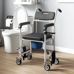 Homcom Chaise percée médicale à roulettes - repose-pieds, dossier, accoudoirs, pot amovible, support papier - alu blanc HDPE noir