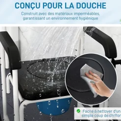 Homcom Chaise percée médicale à roulettes - repose-pieds, dossier, accoudoirs, pot amovible, support papier - alu blanc HDPE noir
