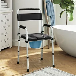 Homcom Chaise percée toilette pliable hauteur réglable - seau amovible - siège, accoudoirs rembourrés - max. 150 Kg - acier gris noir* Siège De Douche