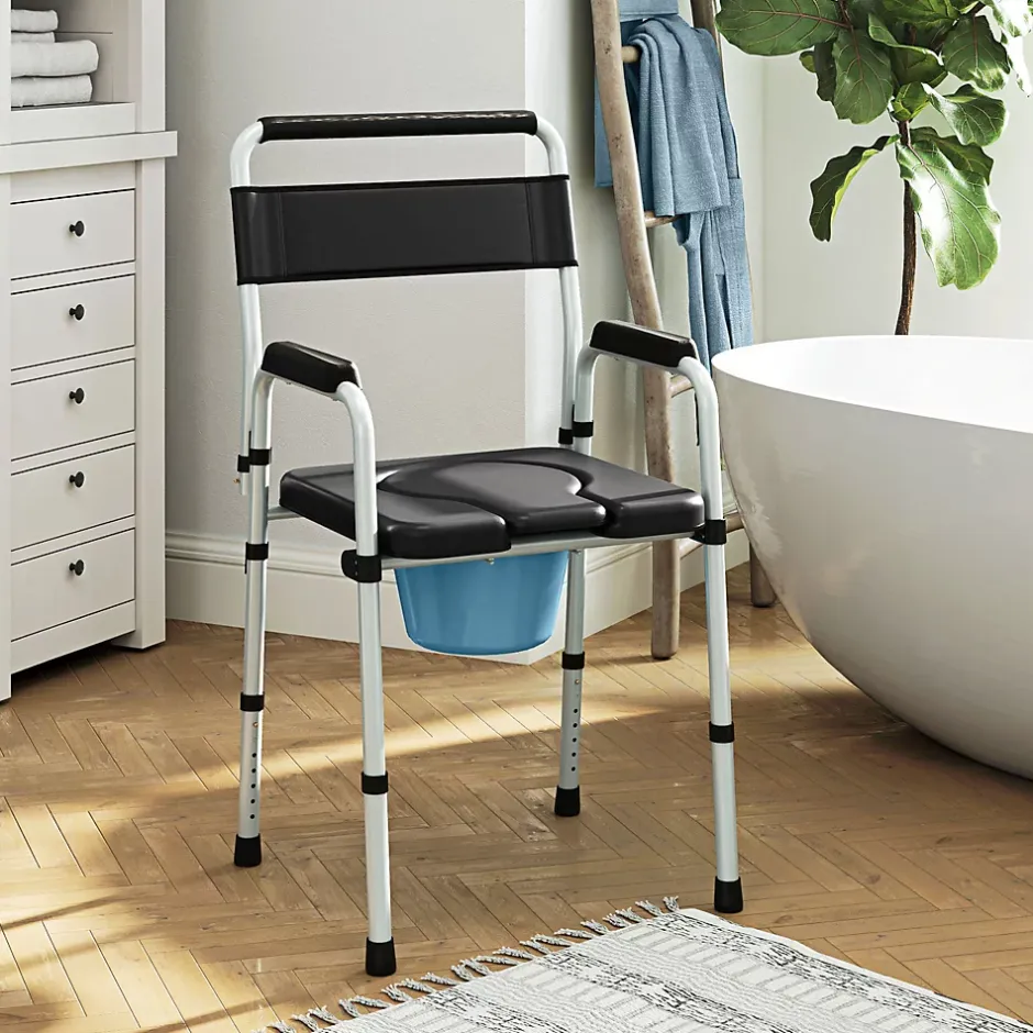Homcom Chaise percée toilette pliable hauteur réglable - seau amovible - siège, accoudoirs rembourrés - max. 150 Kg - acier gris noir* Siège De Douche
