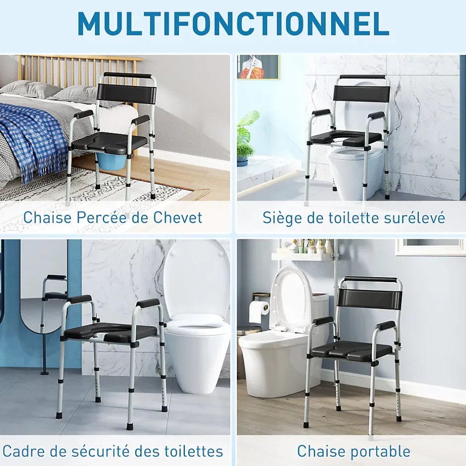 Homcom Chaise percée toilette pliable hauteur réglable - seau amovible - siège, accoudoirs rembourrés - max. 150 Kg - acier gris noir* Siège De Douche