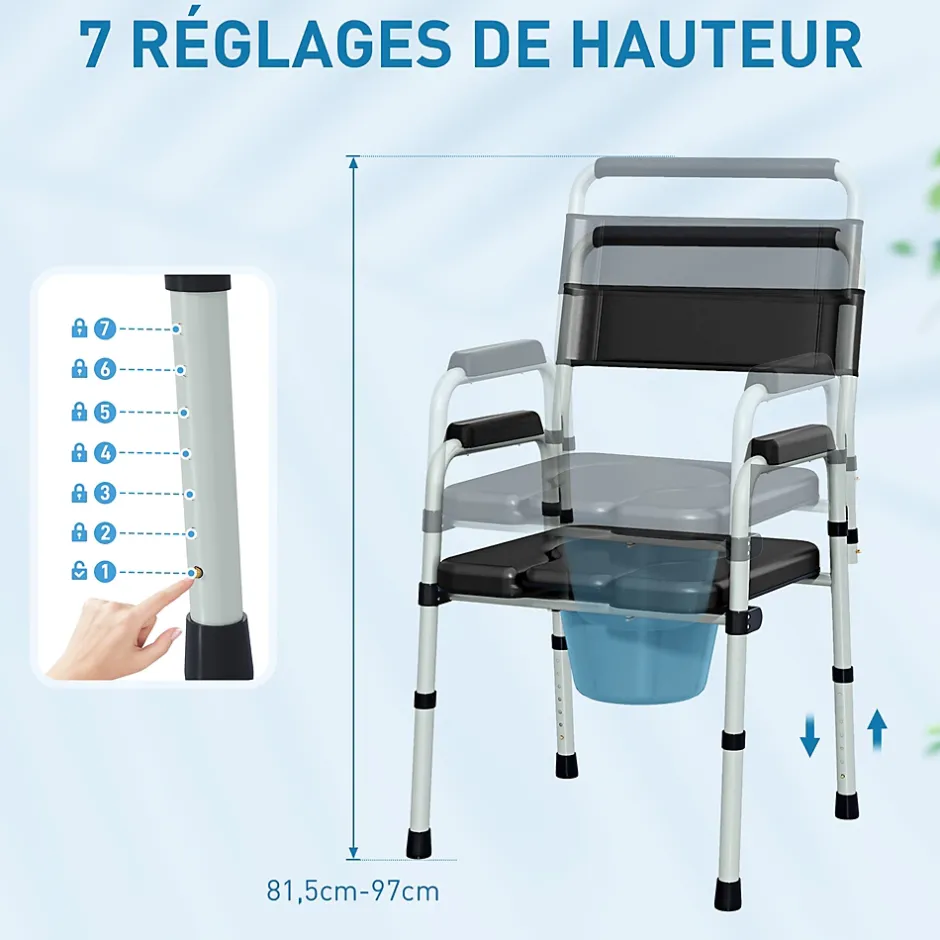 Homcom Chaise percée toilette pliable hauteur réglable - seau amovible - siège, accoudoirs rembourrés - max. 150 Kg - acier gris noir* Siège De Douche