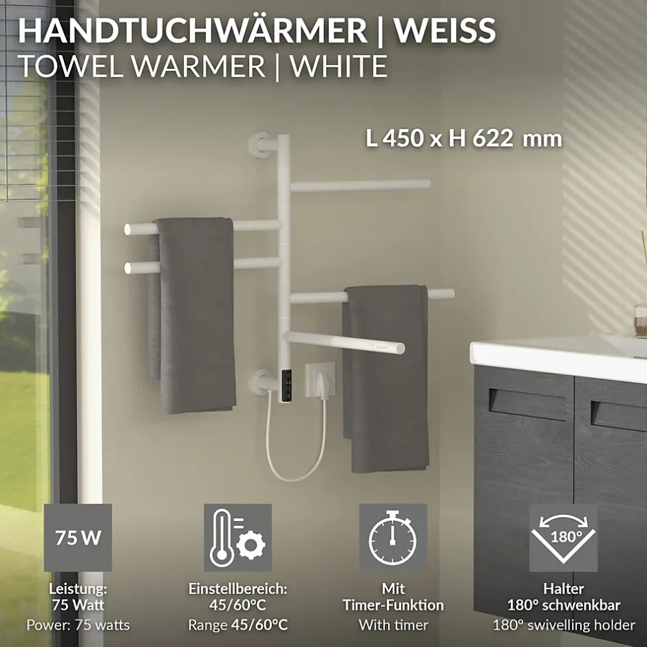 Luxebath Chauffe-serviette électrique 75W 45-60C 450x622 mm blanc rotation 180 degrés en acier inox* Sèche-Serviettes Eau Chaude