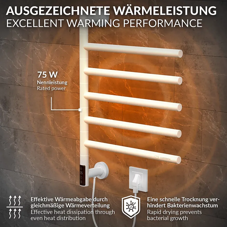 Luxebath Chauffe-serviette électrique 75W 45-60C 450x622 mm blanc rotation 180 degrés en acier inox* Sèche-Serviettes Eau Chaude