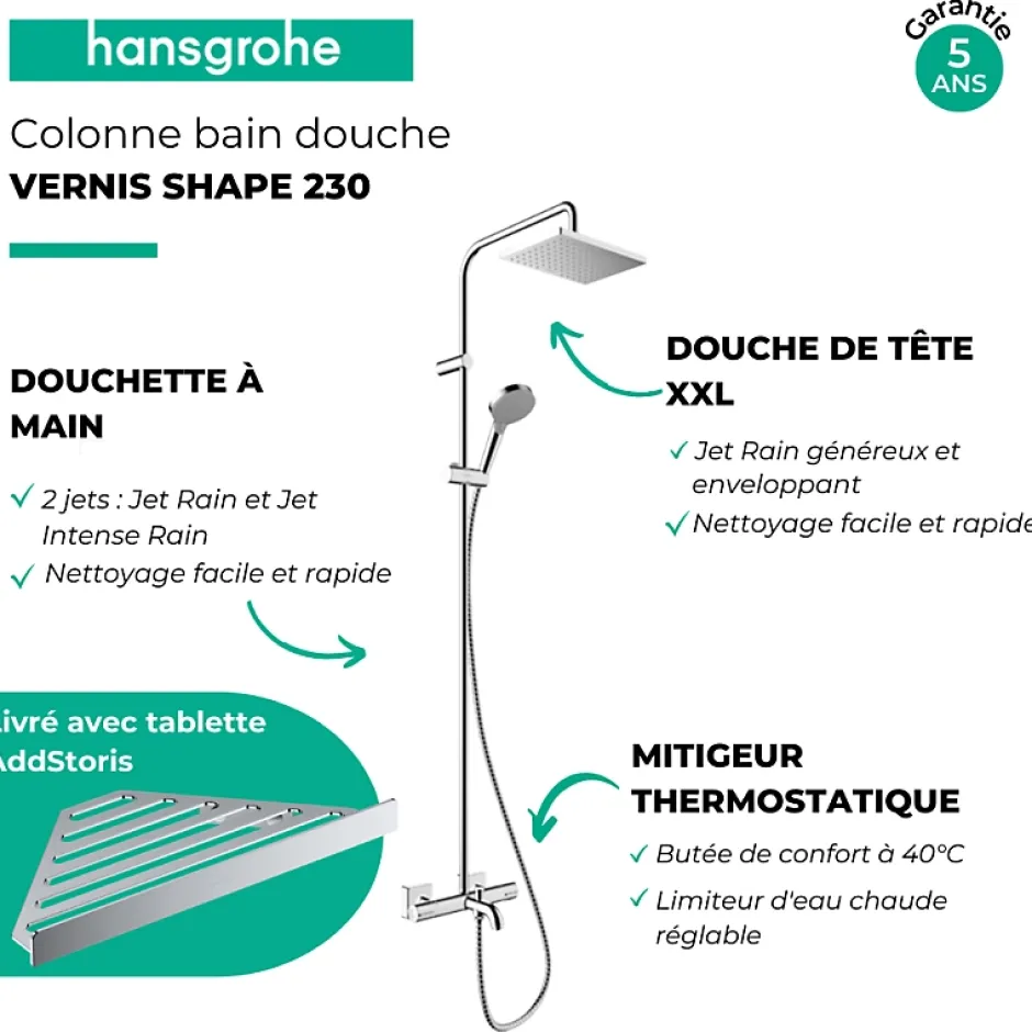 Hansgrohe Colonne bain douche thermostatique Vernis Shape 230 chromé + tablette AddStoris* Robinet De Douche