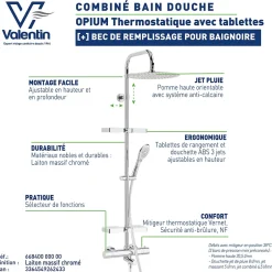 Valentin Colonne bain douche thermostatique avec tablette, pomme de tête ronde, douchette et flexible, chrome, Opium* Colonne De Baignoire