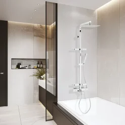 Valentin Colonne bain douche thermostatique avec tablettes, pomme de tête, douchette et flexible, chrome, Touareg* Colonne De Baignoire