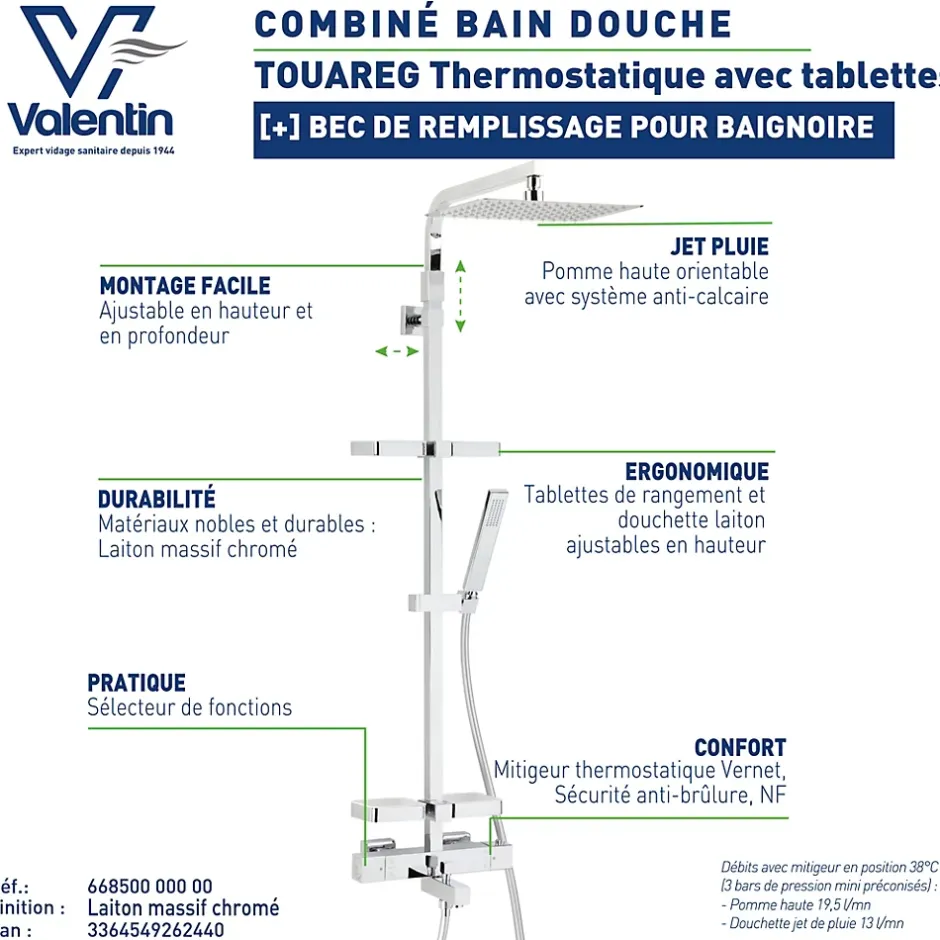Valentin Colonne bain douche thermostatique avec tablettes, pomme de tête, douchette et flexible, chrome, Touareg* Colonne De Baignoire