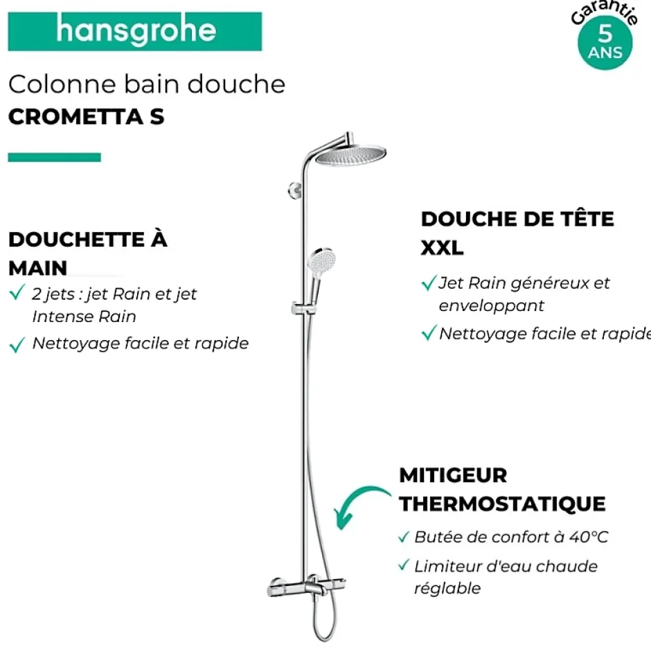 Hansgrohe Colonne bain douche thermostatique Crometta S 240 chromé + tablette Addstoris* Robinet De Douche
