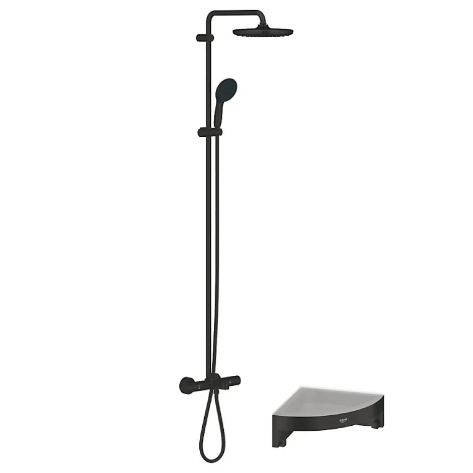 Grohe Colonne bain douche thermostatique Vitalio Start System noir mat + Tablette de douche d'angle Start Cube