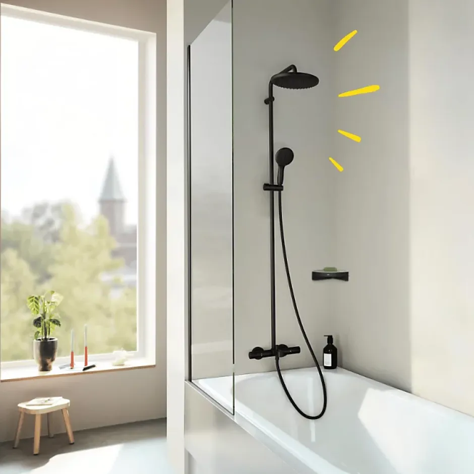 Grohe Colonne bain douche thermostatique Vitalio Start System noir mat + Tablette de douche d'angle Start Cube