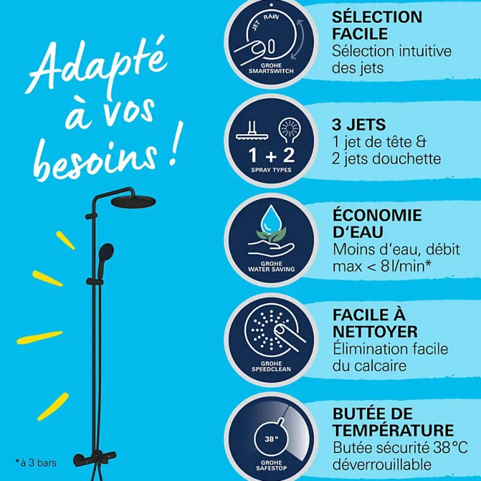 Grohe Colonne bain douche thermostatique Vitalio Start System noir mat + Tablette de douche d'angle Start Cube