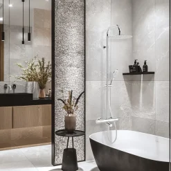 Valentin Colonne bain douche thermostatique anti-brûlure avec pomme de tête, douchette et flexible, chrome, Opium