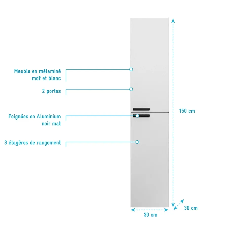 Aurlane Colonne Blanche 30x30x150 cm - Bois MDF Blanc Brillant - BOX-IN* Colonne De Salle De Bains