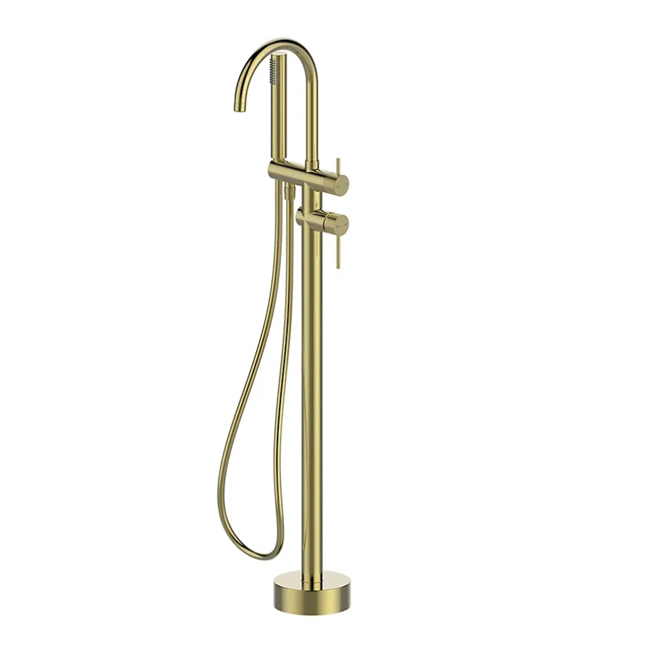 GoodHome Colonne de baignoire îlot + flexible + douchette, doré brossé, Owens* Robinet De Baignoire
