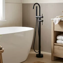 GoodHome Colonne de baignoire îlot + flexible + douchette, noir mat, Owens* Robinet De Baignoire