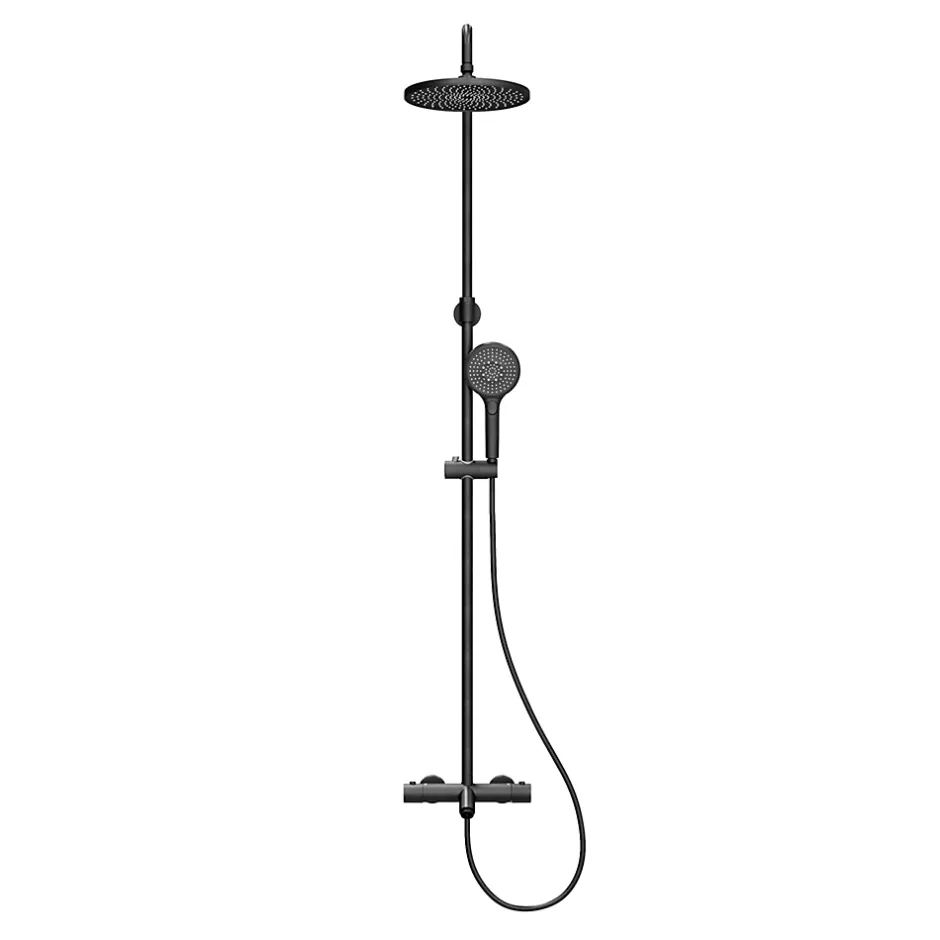 GoodHome Colonne de bain/douche thermostatique avec pommeau, douchette 3 jets, flexible, barre réglable, noir, Anika