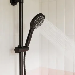 GoodHome Colonne de bain/douche thermostatique avec pommeau, douchette 3 jets, flexible, barre réglable, noir, Anika