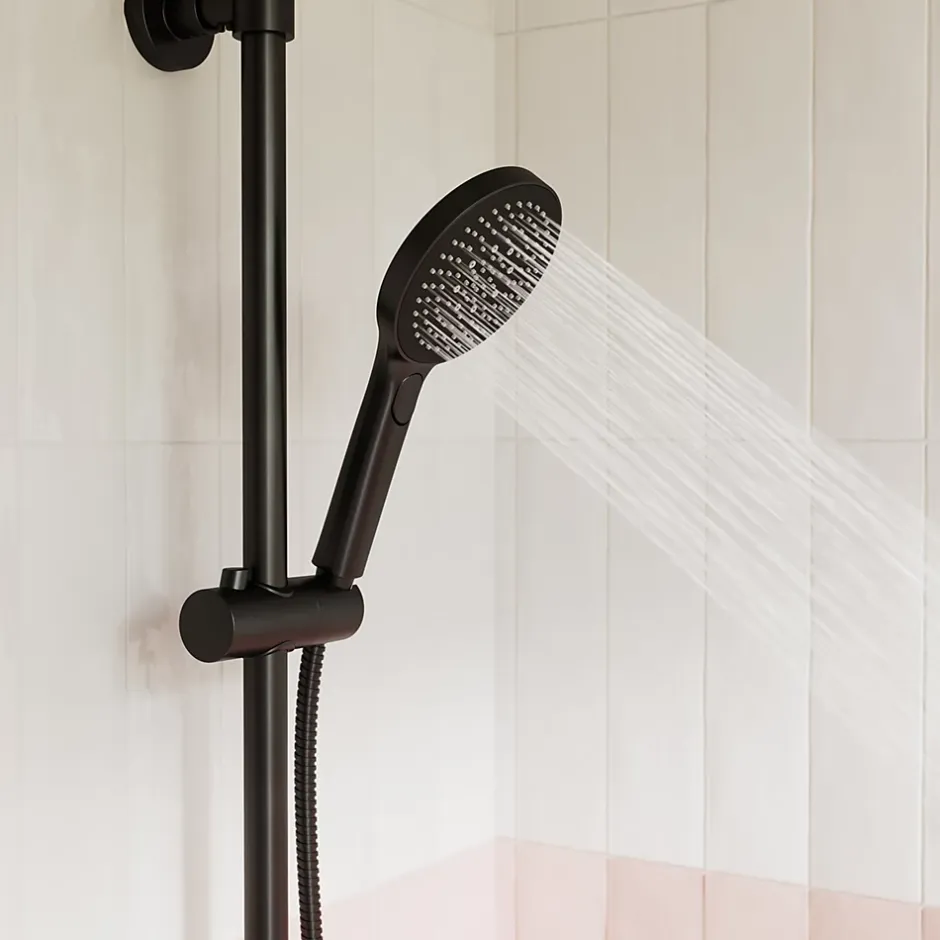 GoodHome Colonne de bain/douche thermostatique avec pommeau, douchette 3 jets, flexible, barre réglable, noir, Anika