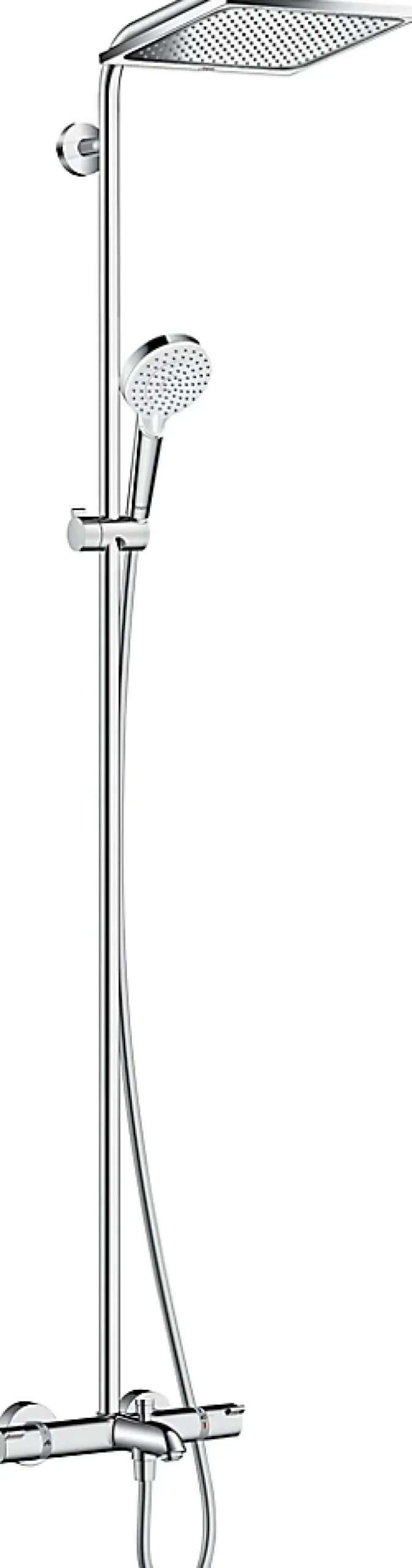 Hansgrohe Colonne de bain/douche thermostatique avec pommeau + douchette 2 jets + flexible + barre réglable, chrome, Crometta E