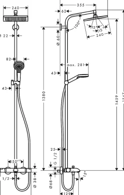 Hansgrohe Colonne de bain/douche thermostatique avec pommeau + douchette 2 jets + flexible + barre réglable, chrome, Crometta E