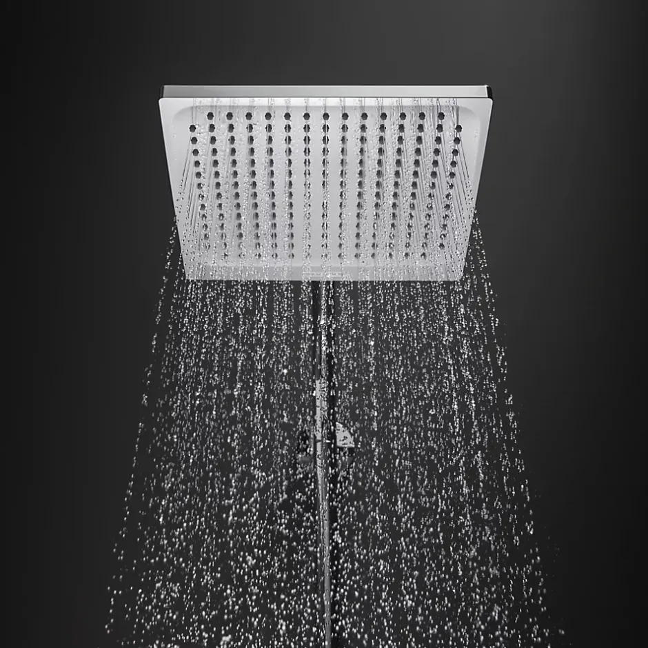 Hansgrohe Colonne de bain/douche thermostatique avec pommeau + douchette 2 jets + flexible + barre réglable, chrome, Crometta E