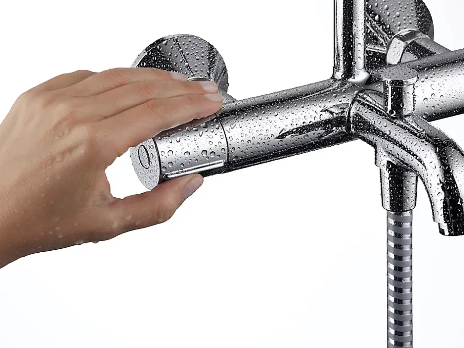 Hansgrohe Colonne de bain/douche thermostatique avec pommeau + douchette 2 jets + flexible + barre réglable, chrome, Vernis Shape* Colonne De Baignoire