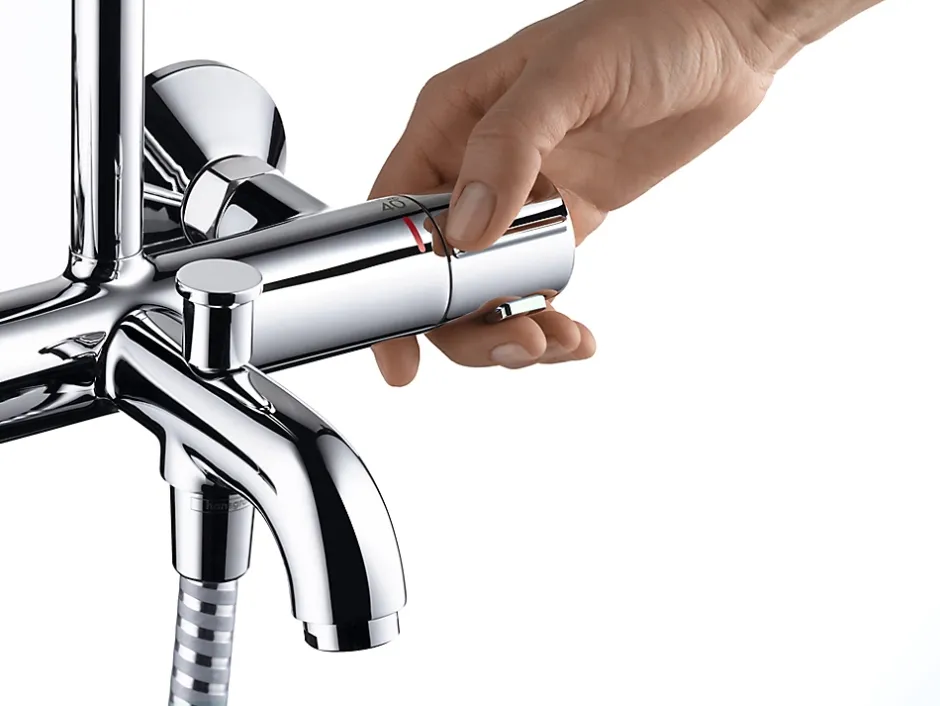 Hansgrohe Colonne de bain/douche thermostatique avec pommeau + douchette 2 jets + flexible + barre réglable, chrome, Vernis Shape* Colonne De Baignoire