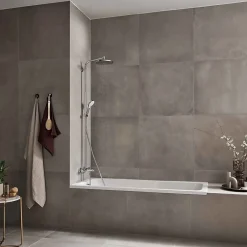 Hansgrohe Colonne de bain/douche thermostatique avec pommeau + douchette 2 jets + flexible + barre réglable, chrome, Showerpipe Crometta S 240