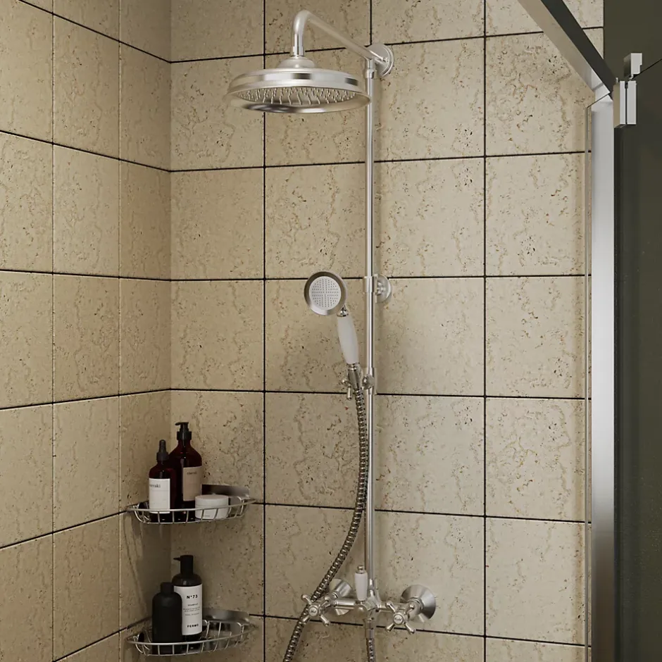 GoodHome Colonne de douche avec mélangeur mécanique + douchette + flexible + barre réglable, chrome, Etel