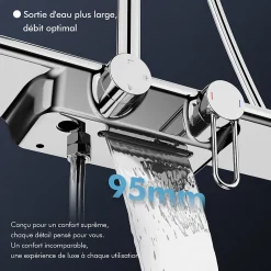 Homelody Colonne de Douche Chromée avec Étagère 40 cm, Douchette à Main 5 Modes, Effet Cascade et Rangement Pratique