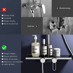 Homelody Colonne de Douche Chromée avec Étagère 40 cm, Douchette à Main 5 Modes, Effet Cascade et Rangement Pratique