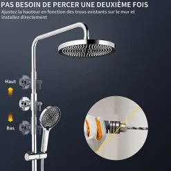 Homelody Colonne de Douche Chromée avec Étagère 40 cm, Douchette à Main 5 Modes, Effet Cascade et Rangement Pratique