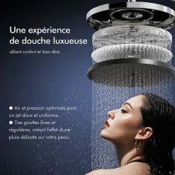 Homelody Colonne de Douche Chromée avec Étagère 40 cm, Douchette à Main 5 Modes, Effet Cascade et Rangement Pratique