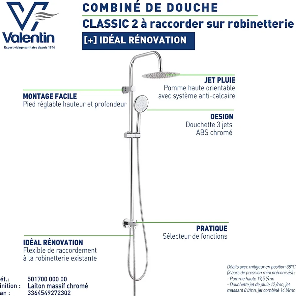 Valentin Colonne de douche classique à raccorder sur robinetterie avec pomme de tête, douchette et flexible, chrome Classic