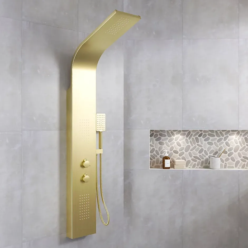 Aurlane Colonne de douche Effet Pluie - 140x20cm - Acier inoxydable Or brossé