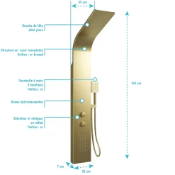 Aurlane Colonne de douche Effet Pluie - 140x20cm - Acier inoxydable Or brossé