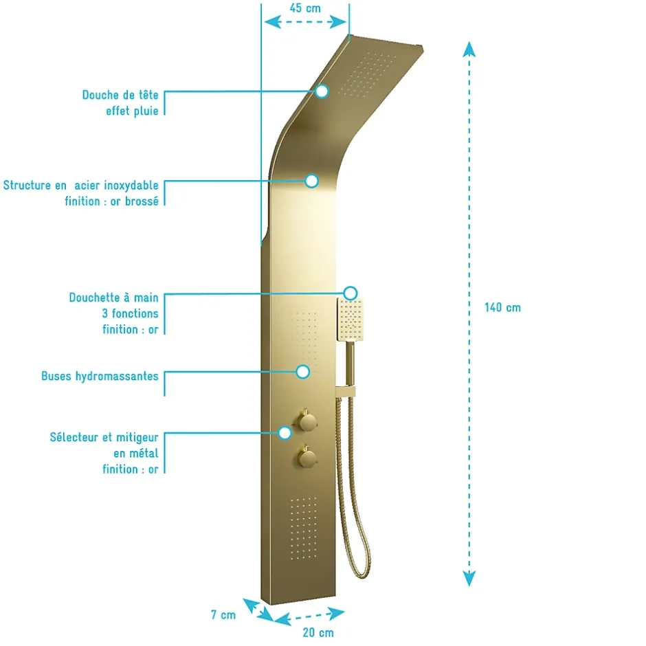 Aurlane Colonne de douche Effet Pluie - 140x20cm - Acier inoxydable Or brossé