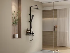 Vente-unique Colonne de douche en acier inoxydable avec tablette - Noir mat - Hauteur réglable - JIZEO