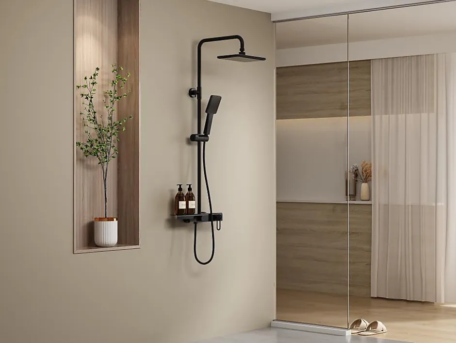 Vente-unique Colonne de douche en acier inoxydable avec tablette - Noir mat - Hauteur réglable - JIZEO