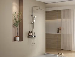 Vente-unique Colonne de douche en acier inoxydable avec tablette - Brush nickel - Hauteur réglable - JIZEO