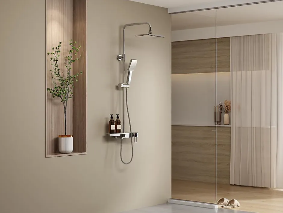 Vente-unique Colonne de douche en acier inoxydable avec tablette - Brush nickel - Hauteur réglable - JIZEO