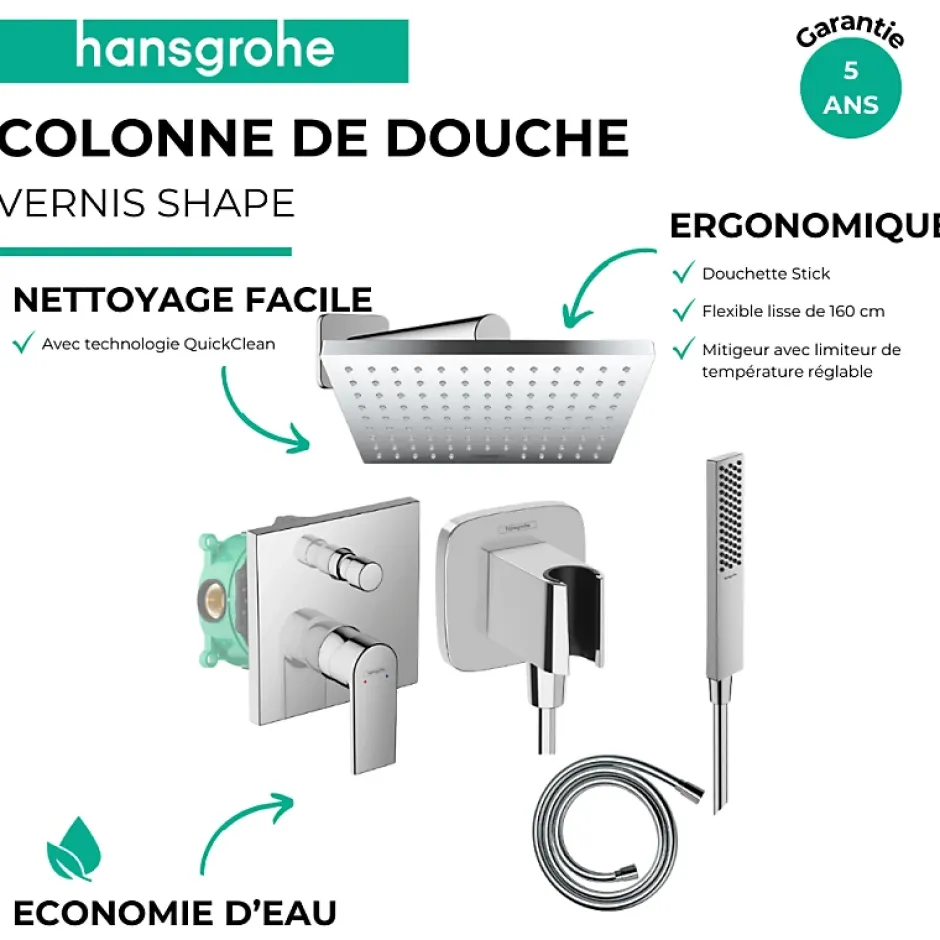 Hansgrohe Colonne de douche encastrée mécanique Vernis Shape Flexible Isiflex Douchette PulsifyE chromé