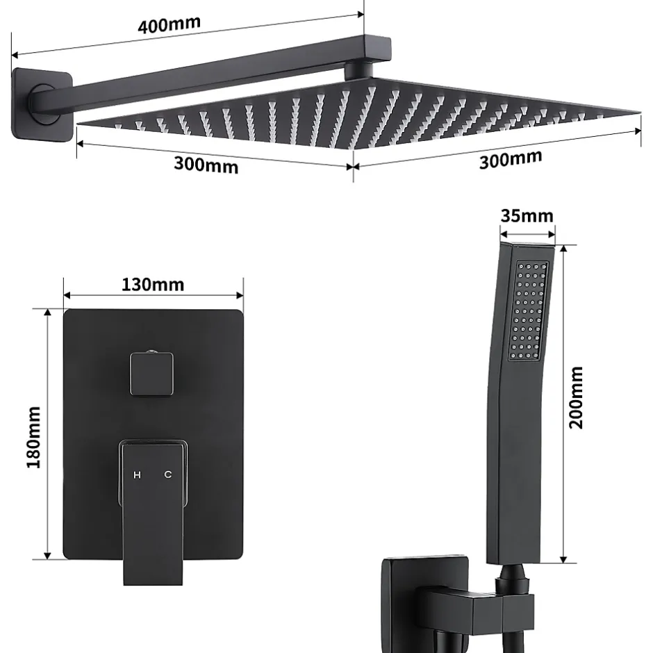 Homelody Colonne de Douche Encastrée Ensemble de Douche Mécanique avec Grande Tête Carrée 12 pouces, Système de Douche Encastrable Noir