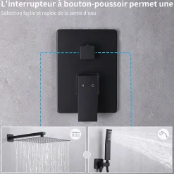 Homelody Colonne de Douche Encastrée Ensemble de Douche Mécanique avec Grande Tête Carrée 12 pouces, Système de Douche Encastrable Noir