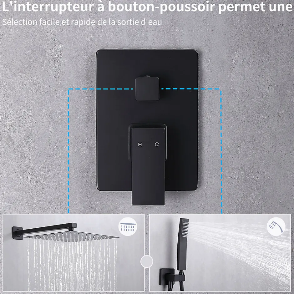 Homelody Colonne de Douche Encastrée Ensemble de Douche Mécanique avec Grande Tête Carrée 12 pouces, Système de Douche Encastrable Noir