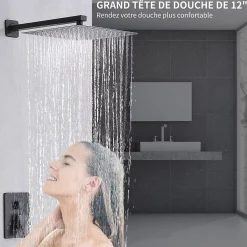 Homelody Colonne de Douche Encastrée Ensemble de Douche Mécanique avec Grande Tête Carrée 12 pouces, Système de Douche Encastrable Noir
