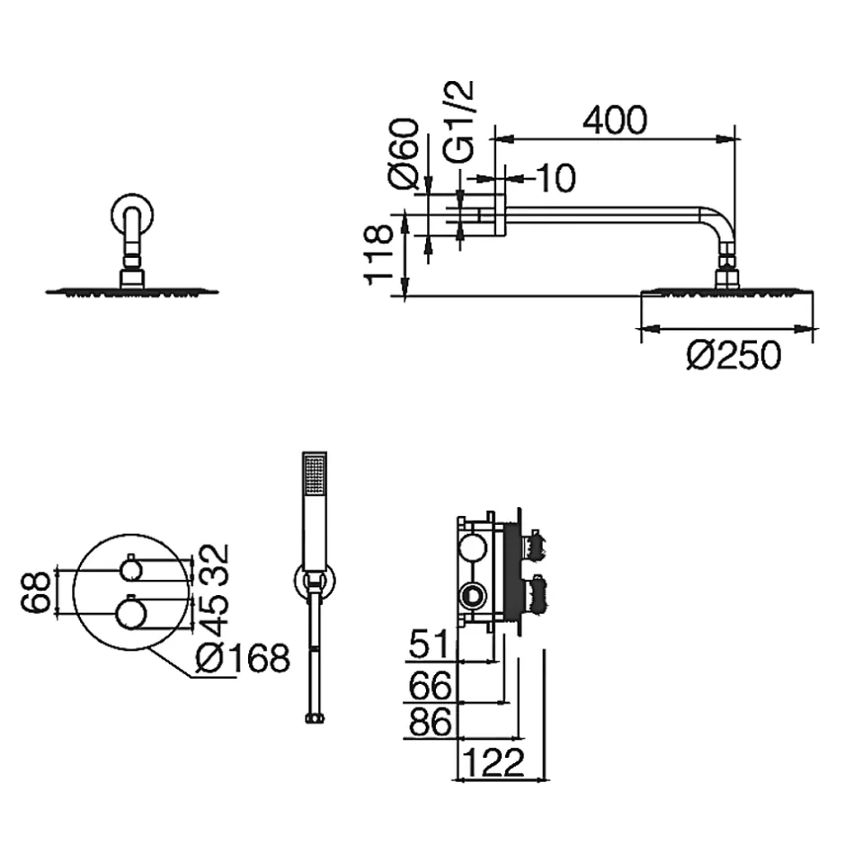 Imex Colonne de Douche Encastrée Thermostatique Anti-Calcaire Or Brossé NAPOLES GTN047/OC* Colonne De Douche Encastrable