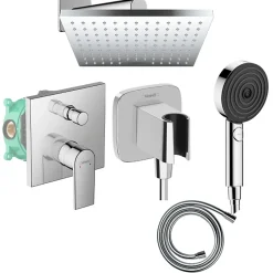 Hansgrohe Colonne de douche encastrée mécanique Vernis Shape Douche de tête Vernis Shape Flexible Isiflex Douchette Pulsify chromé