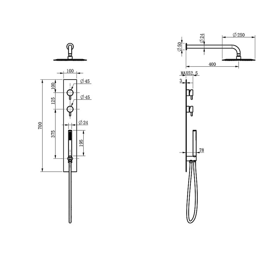 Bellegno Colonne de douche encastrée thermostatique PURA acier brossé* Colonne De Douche Encastrable